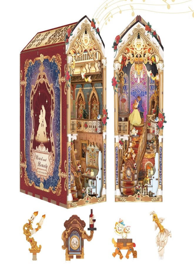Tonecheer DIY Book Nook Kit for Adults, 3D Wooden Puzzle Music Booknook Miniature Dollhouse, Fairy Tale Bookend Bookshelf Decor with Dust Cover and LED Lights Gifts (Beast and Beauty) - Image 1